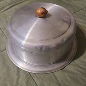 West Bend Cake Carrier Vintage Silver Good Aluminum Wood Acorn Handle MCM 1950s